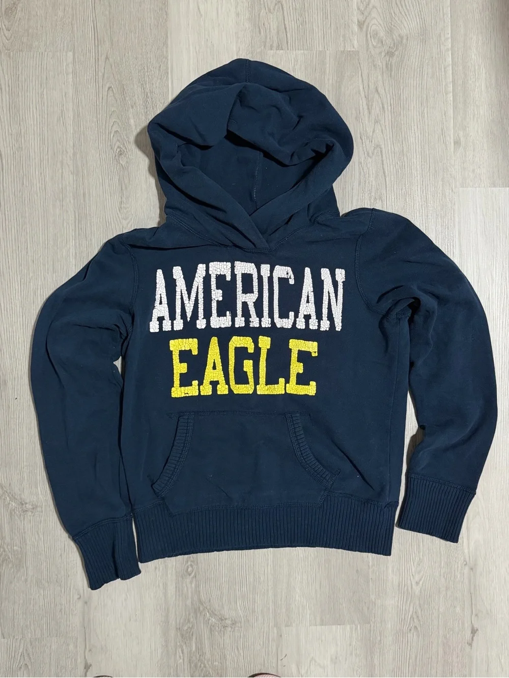 American Eagle Outfitters Navy Pullover Hoodie with White & Yellow Logo